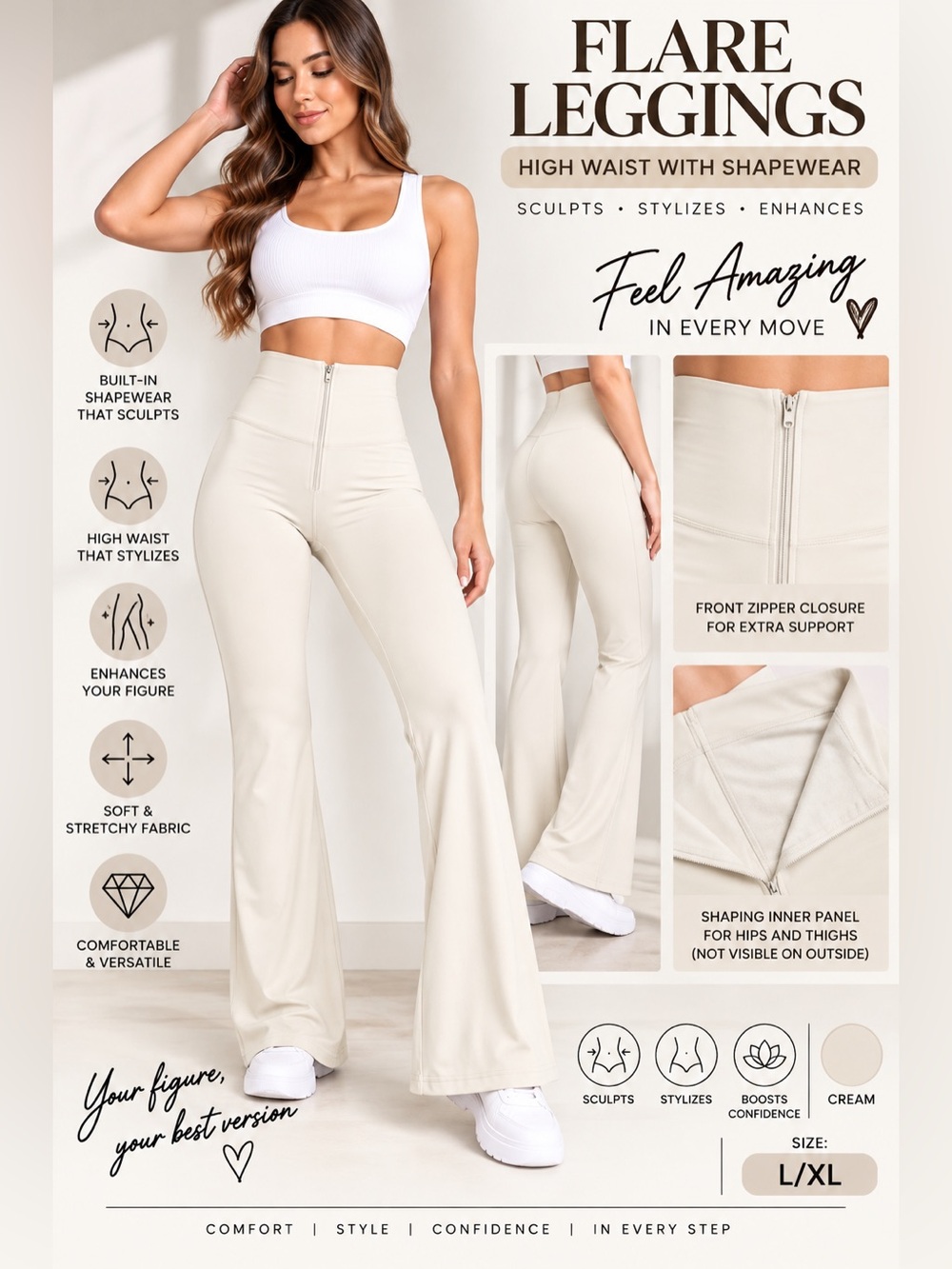 Women’s L/XL High Waist Flare Leggings Shapewear Tummy Control Front Zipper